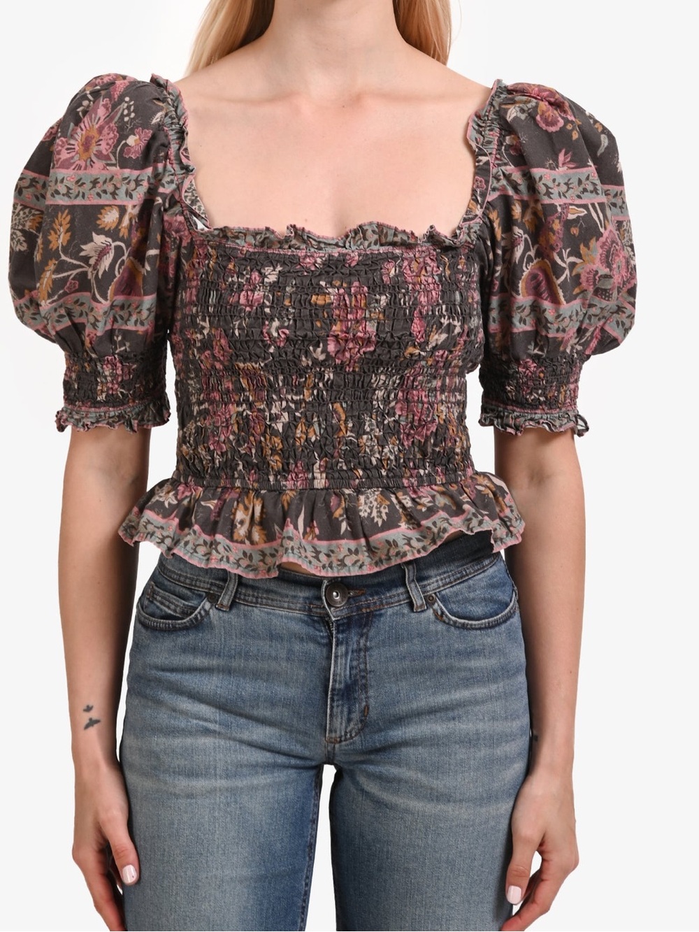 Sea New York Charcoal Floral Smocked Puff-Sleeve Crop Top